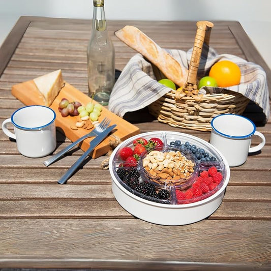 Gourmet Palette Airtight 5-Compartment Round Serving Tray with Lid, Portable Snackle Platter, Charcuterie Organizer Box, Removable Dividers for Fruit, Veggies, Snacks, Appetizers and More