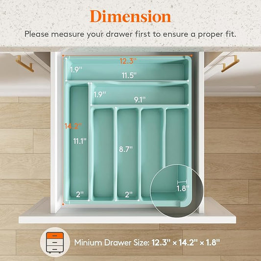 Lifewit Silverware Drawer Organizer Tray, Plastic Cutlery Storage for Kitchen Drawer, Flatware and Utensil Holder Divider for Spoons Forks Knives Tableware, 7 Compartment, Turquoise