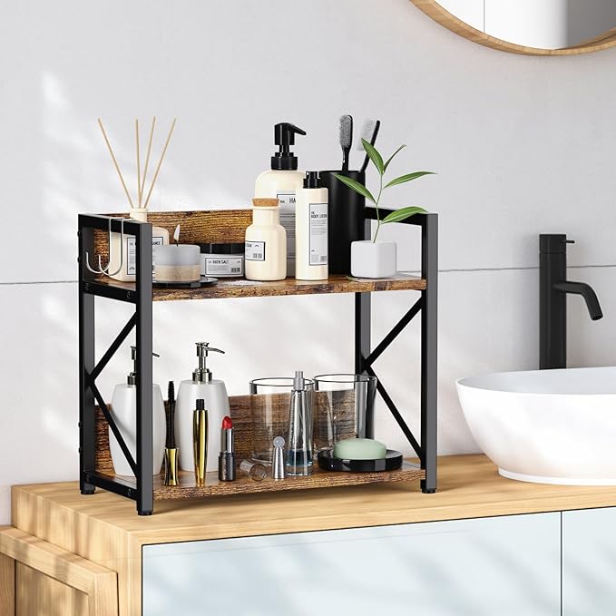 Coffee-Bar-Station-Organizer Shelf for Countertop, 2 Tiers Kitchen Counter Shelf Riser, Wooden Spice Rack Organizer, Coffee Bar Accessories(Rustic Brown, Large)