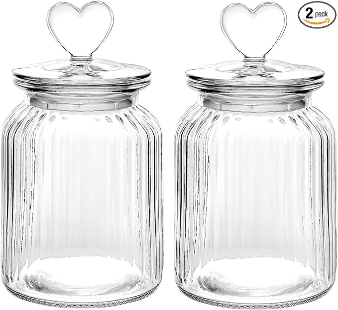 WHJY Set of 2 Airtight Glass Jars Decorative Jars, 32oz Jar of Hearts Cute Cookie Jar Decorative Jars with Lids Candy Jars for Candy Buffet Heart Shaped Lid - Stripes Textured