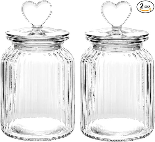 WHJY Set of 2 Airtight Glass Jars Decorative Jars, 32oz Jar of Hearts Cute Cookie Jar Decorative Jars with Lids Candy Jars for Candy Buffet Heart Shaped Lid - Stripes Textured