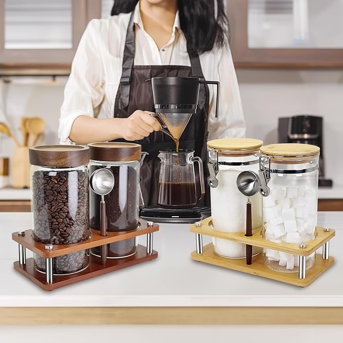 Glass Coffee Grounds Container with Shelf, 2 × 45 oz Glass Coffee Canisters with Airtight Thread Lid, Glass Storage Jars with Stainless Steel Spoon for Coffee Bean, Sugar,Nut