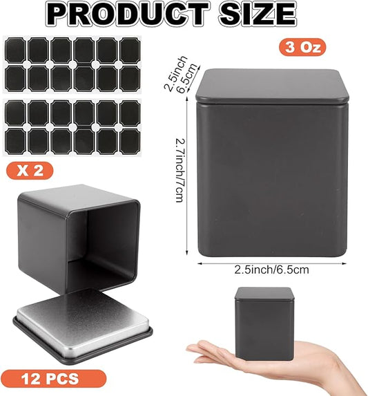 12 Pack Square Black Metal Tins, Small Tea Tin Canisters, 3 Oz Loose Leaf Tea Storage Containers with Airtight Lids, Square Tea Containers for Loose Teas, Herbs, Coffee, Cube Sugar