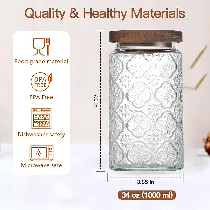 34 OZ Airtight Glass Storage Jar with Bamboo Lid - Vintage Glass Jar Vintage Food Containers Canisters Set for Kitchen Counter & Pantry - Ideal for Sugar, Flour, Coffee, Tea, Candy, Oats -2 Pack