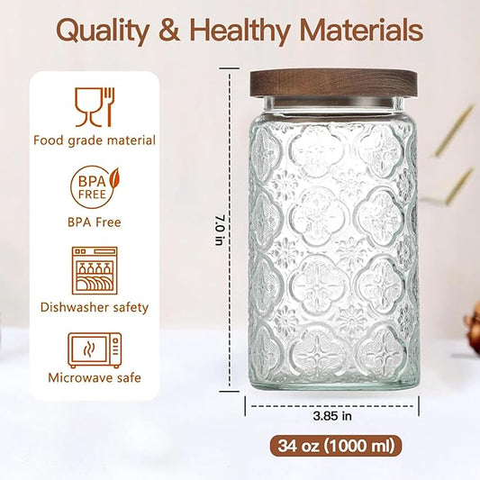 34 OZ Airtight Glass Storage Jar with Bamboo Lid - Vintage Glass Jar Vintage Food Containers Canisters Set for Kitchen Counter & Pantry - Ideal for Sugar, Flour, Coffee, Tea, Candy, Oats -2 Pack