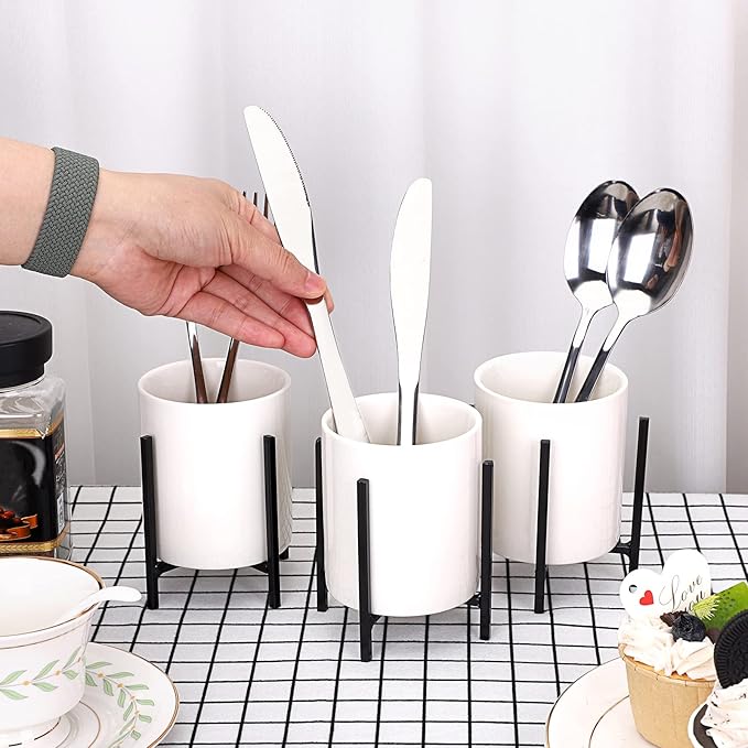 JUXYES Pack of 3 Ceramic Silverware Holder For Party Table, White Cutlery Holder Holder With Black Metal Bracket, Small Flatware Caddy Organizer Utensil Holder Organizer for Kitchen Dining Tables