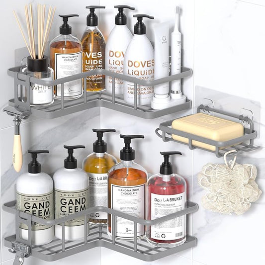 YASONIC Corner Shower Caddy Organizer, 3-Pack Self-Adhesive Rustproof Bath Shelves with Soap Holder & 4 Hooks, Large Capacity Shower Storage Rack for Bathroom Organization, Grey