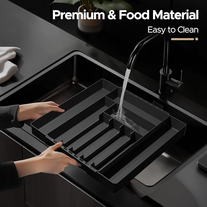 JYPS Silverware Drawer Organizer, Expandable, Adjustable for Forks, Knives, Multipurpose Kitchen Utensils, Black Large