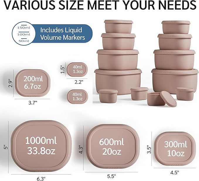 ISSEVE 12Pcs/Set Nesting Silicone Food Storage Containers with Lids, BPA Free Reusable Meal Prep Silicone Containers Airtight, Freezer Dishwasher Safe (33.8oz, 20oz, 10oz, 6.7oz, 1.3oz) (Pink)