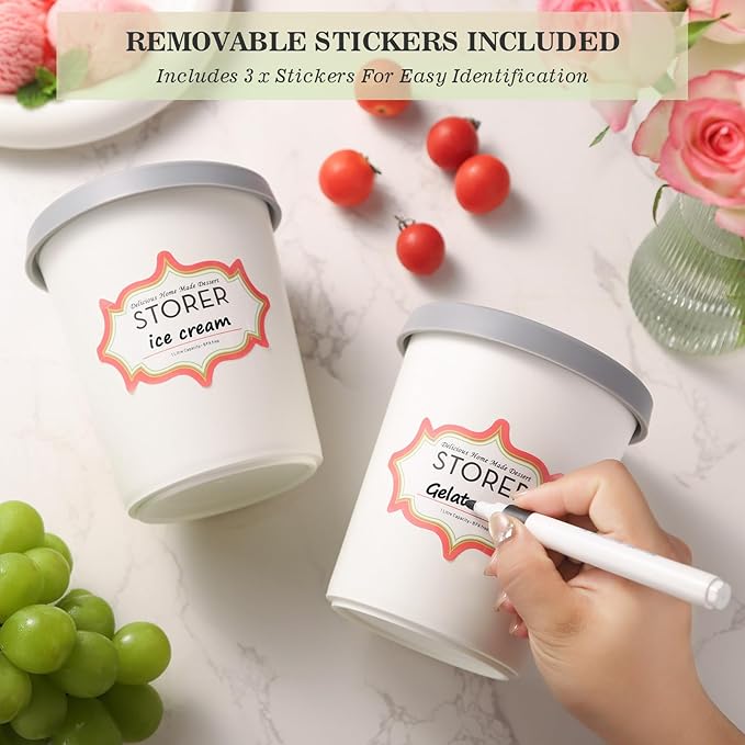 2Pack Ice Cream Containers for Homemade Ice Cream（1 Quart Each），Reusable Plastic Storage Containers Cups with Lids for Freezer，Stackable Storage Container for Gelato，Yogurt, Sorbet
