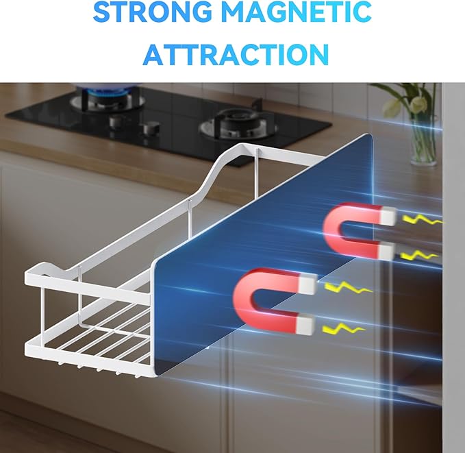 Magnetic Spice Rack for Refrigerator, 5 Pack Metal Strong Magnetic Shelf for Oven，Moveable Spice Organizer with Paper Towel Holder and Metal Hooks, Fridge Organizers and Kitchen Storage (White)
