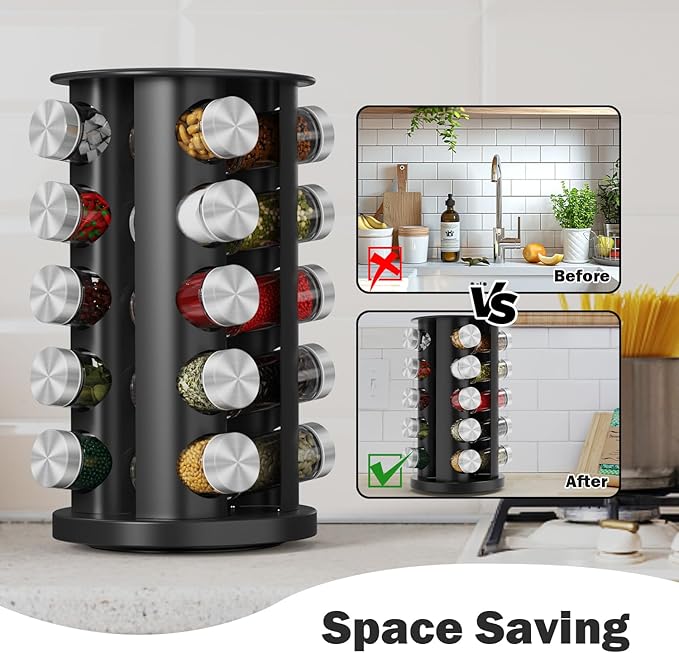 Rotating Spice Rack Organizer, Spice Tower for Countertop, Revolving Spice Rack Set for Cabinet, Black Steel Kitchen Seasoning Organizer with 20 Jars and Funnel