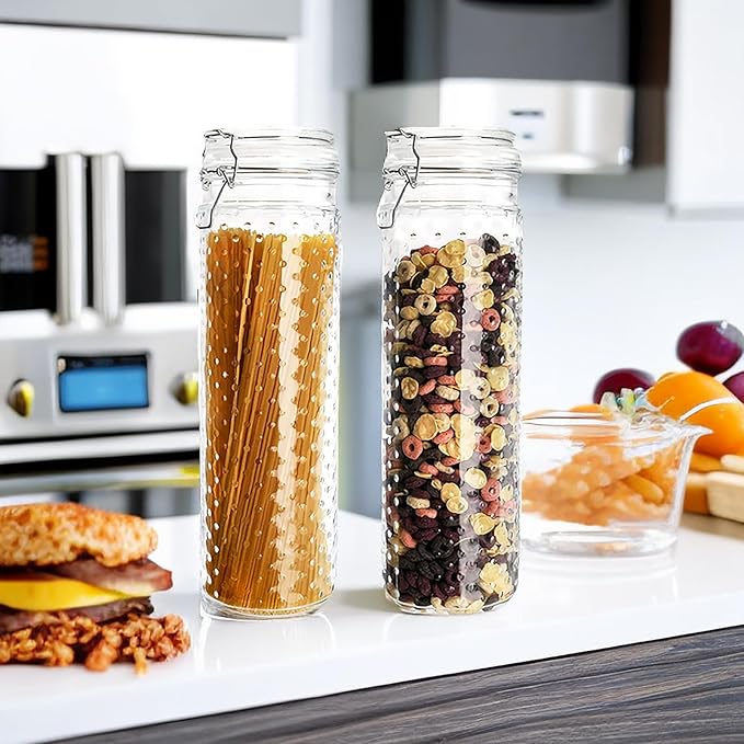 Yesland 2 Pcs 60 Oz Glass Food Storage Jar Canister with Airtight Seal Lid - Large Noodle Holder/Spaghetti Storage Container - Cereal Containers for Kitchen Canning, Pasta, Sugar, Beans and Spice
