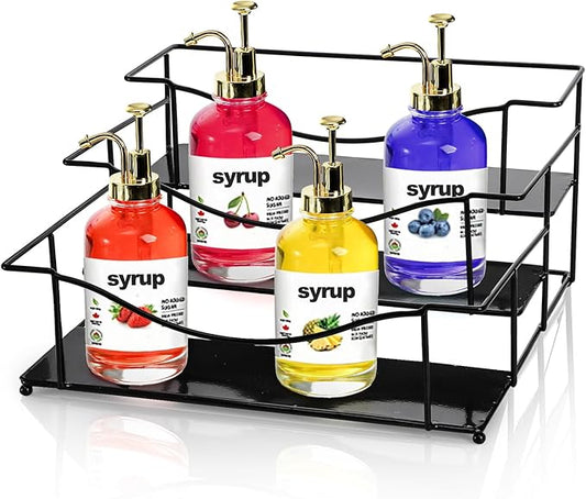 3 Tier Coffee Syrup Rack, 12 Bottles Iron Wine Storage Shelves, Dressing Holder Syrup Organizer Stand for Family Kitchen Countertop, Coffee Bar Station, Liquor Spice, Free Installation, Black