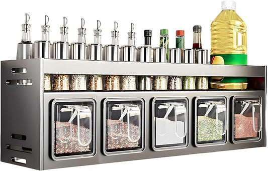 Kitchen Spice Rack, Kitchen Organizer and Storage Rack, Spice Organization for Cabinets Punch-free Wall/Countertop Home Decor Multifunctional Double Layer 5 Gird Condiment Rack, Gray