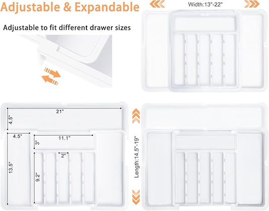 Large Silverware Drawer Organizer Expandable Kitchen Utensil Organizer BPA Free Flatware Cutlery Holder Tray Adjustable Plastic Drawer Divider Storage for Forks Knives 6-9 Slots White