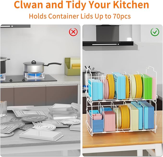 Metal 2-Tier Food Container Lid Organizer – MAYZOLOP Lid Organizers Inside Cabinet with 8 Adjustable Shelf for Kitchen Cabinets, Pantry – Keep Your Kitchen Tidy with Sturdy Storage (White)