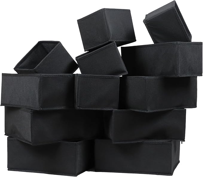 12 Pack Drawer Organizers for Clothing, Foldable Clothes Organizer Underwear, Folded Clothes, Baby Socks, Bra, Towels, Ties - Multi-pack Storage Box (Black)