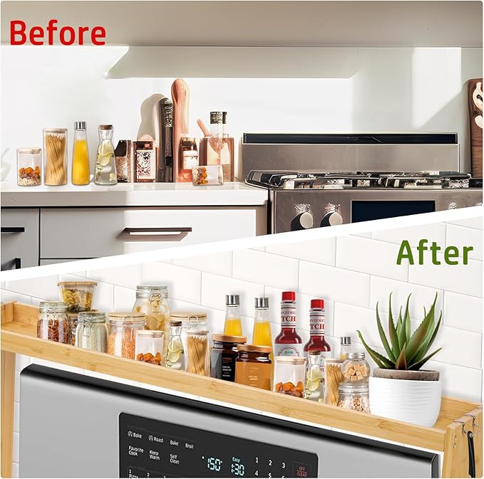 Bamboo Stove Top Shelf - Over The Stove Shelf for Kitchen, 31" Countertop Spice Rack Organizer Kitchen Space Savers, Protective Lips with 6 Hooks, Easy to Assemble