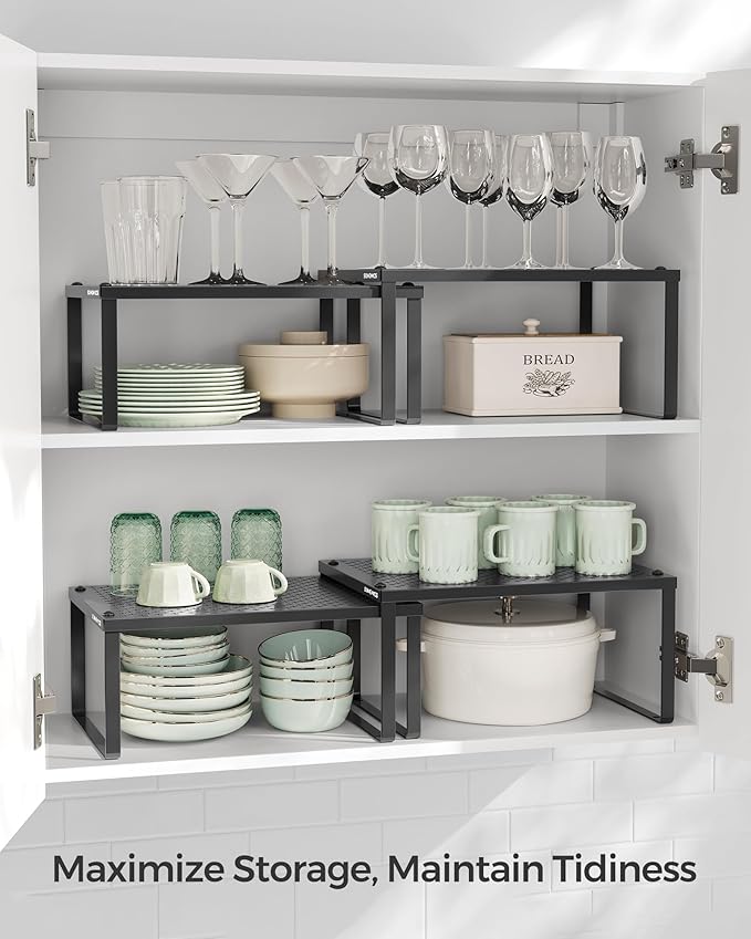 SONGMICS Spice Racks, Cabinet Shelf Organizers, Shelf Organizers, Countertop Organizers, Shelf Risers, Stackable, Expandable, Set of 4 Metal Kitchen Counter Shelves, Ink Black UKCS006B01