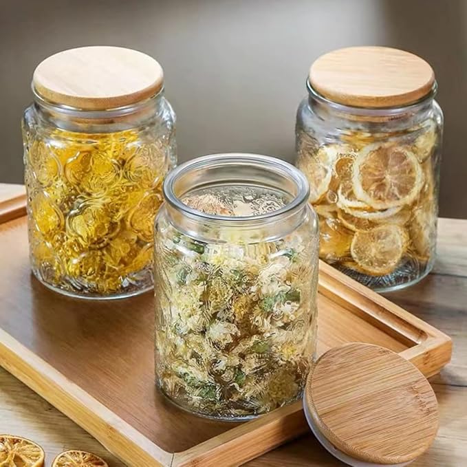 ANSQU 2 Pack Vintage Glass Storage Jar, 23.7 FL OZ Glass Food Storage Containers with Bamboo Lid, Candy Jars with Lids for Kitchen Counter, Pantry, Coffee, Tea, Sugar