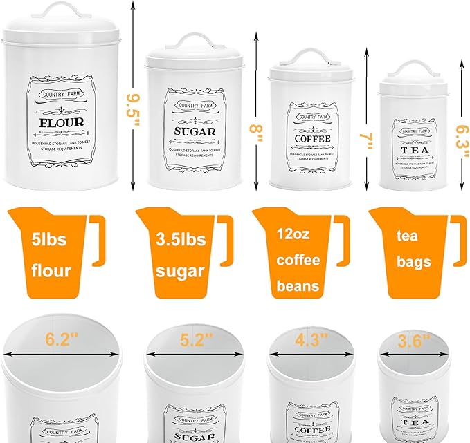 yarlung Set of 4 Kitchen Canisters with Airtight Lids, Coffee Tea Sugar Flour Tin Jars Nesting Food Storage Container Set for Farmhouse Decor, 4 Sizes