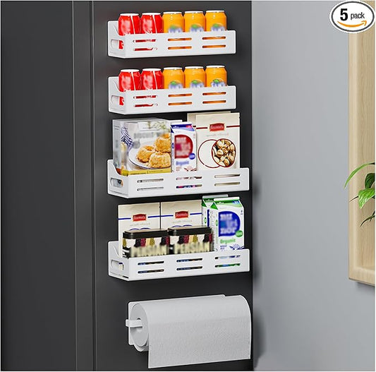 Carwiner 5 Pack Magnetic Spice Rack for Refrigerator with Paper Towel Holder, Magnetic Refrigerator Organizer, Strong Magnetic Fridge Shelf, Rustproof Side Fridge Storage Rack for Kitchen