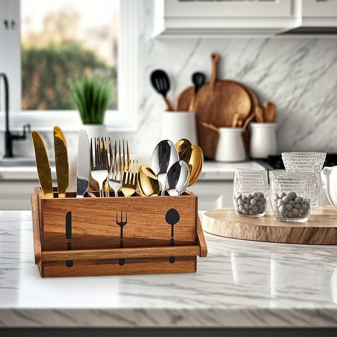 Geetery Acacia Utensil Caddy Silverware Caddy with Handle Wooden Multipurpose Countertop Flatware Napkin Utensil Organizer for Party Picnic Kitchen Trip, 9.1 x 5.9 x 4.5 in(Wood Color)