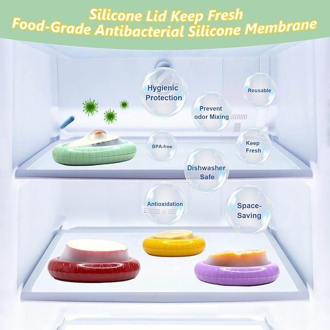 Avocado Saver and Onion Holder -Set of 4 Reusable Fruit and Veggie Savers for Fridge - BPA-Free, Prevent Flavor Mixing, Keep Fresh (Cyan, Purple, Red And Yellow)