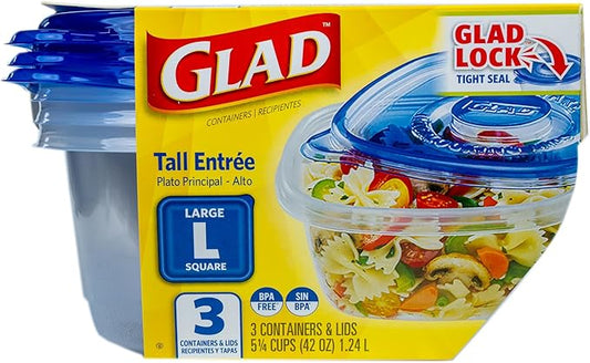 Glad GladWare Tall Entrée Food Storage Containers | Large Square Containers Hold up to 42 Ounces| Strong and Sturdy Large Kitchen Storage Holders, 3 Count - 6 Pack