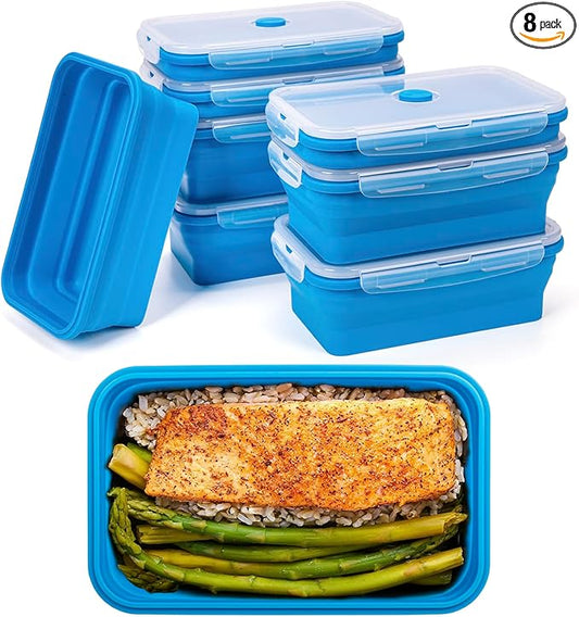 Collapsible Food Storage Containers with Lids, 8 Pack, 40 oz Silicone 1-Compartment Meal Prep Containers Reusable, Lunch Bento Boxes for Adults, Microwave Freezer Dishwasher Safe, BPA-Free, Blue