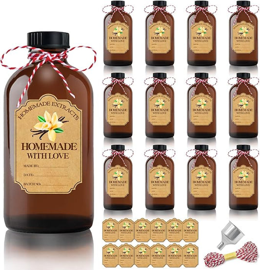 12Pcs 2 oz Amber Glass Bottle Brown Round Bottles with Caps, for Vanilla Extract Homemade, with Stickers and Funnel, for Syrup Gift Glass Food Storage Canister Set, Sauce Beans, Essential Oil