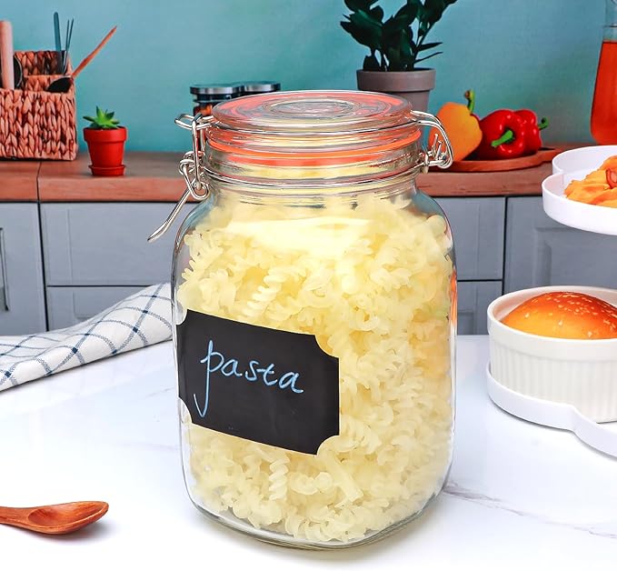 Encheng 50oz Glass Jars with Clamp Lids,Set of 4,1500ml Square Wide Mouth Mason Jars with Airtight Lids,Large Glass Storage Container with Clip Lids for Kitchen,Flour,Pasta,Beans