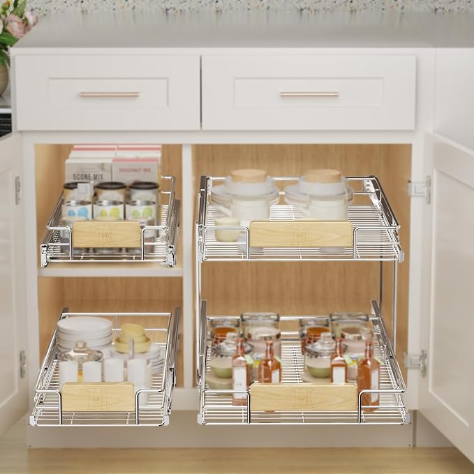 LOVMOR 2 Tier Pull Out Cabinet Organizer 16½" W x 21½" D, Slide Out Drawers with Wooden Handle, Sliding Shelves Organization and Storage for Kitchen, Pantry
