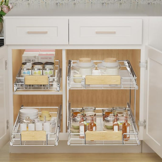 LOVMOR 2 Tier Pull Out Cabinet Organizer 16½" W x 21½" D, Slide Out Drawers with Wooden Handle, Sliding Shelves Organization and Storage for Kitchen, Pantry