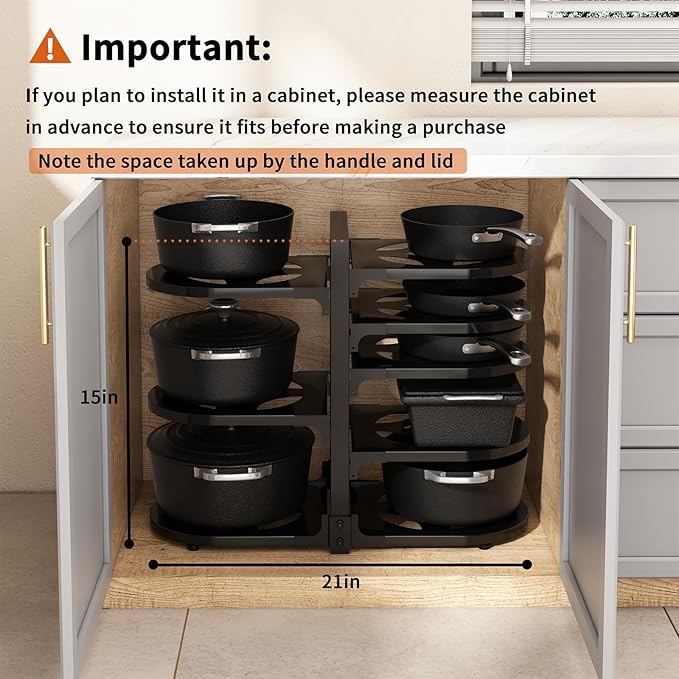 Adjustable Heavy Duty Pots and Pans Organizer Under Cabinet, 8-Tier Pot and Pan Organizers Inside Cabinet, Kitchen Cabinet Organizers and Storage, Black