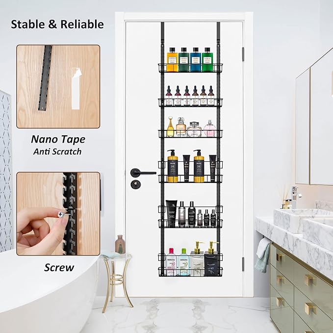 Churboro Over the Door Pantry Organizer Rack with 6 Adjustable Baskets, 6 Tiers Dual-use Spice Rack- Hanging or Wall Mount Spice Rack, Pantry Door Organizer, Black