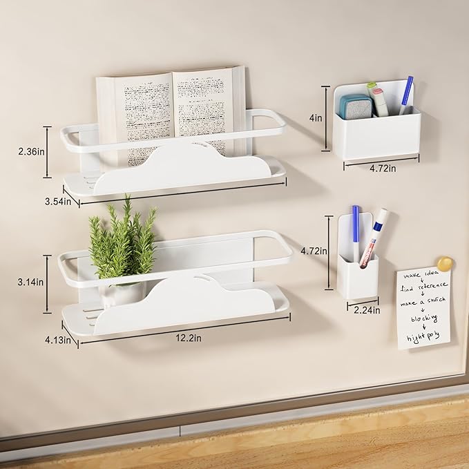 VOLPONE Magnetic Spice Rack for Refrigerator Rust-proof Magnetic Shelf for Fridge with Pen Holder Heavy Duty Seasoning Rack Magnet Oven Organizer Storage Metal (4 Pack, White)