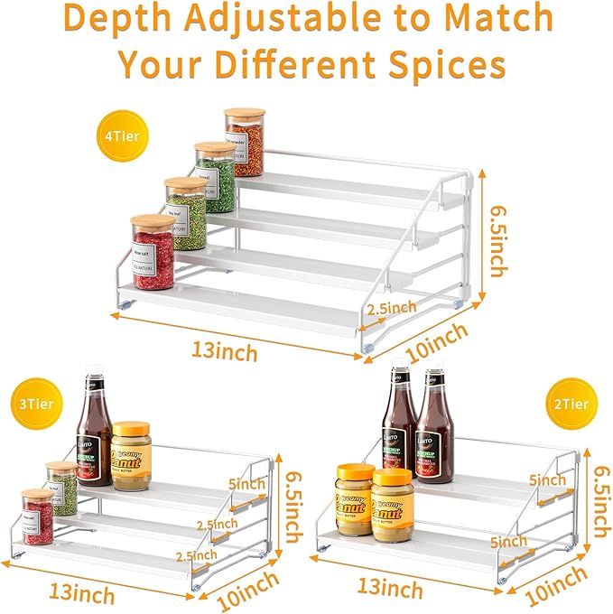 RCHYFEED Spice Rack Organizer for Cabinet, 4 Tier Spice Organization for Cabinet Adjustable Step Storage,Tierd Spice Rack Seasoning Organizer for Kitchen Countertop Pantry, Metal(1 Pack)