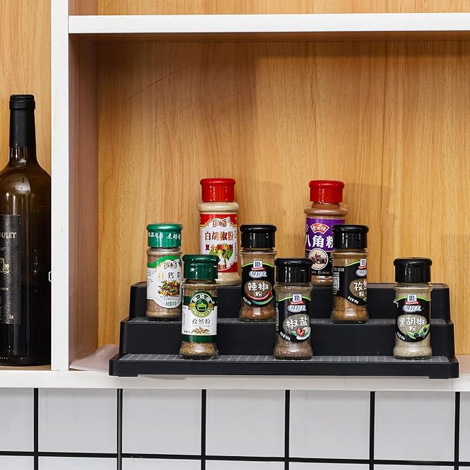 YCOCO Plastic Spice Rack 3-Tier Step Shelf Kitchen Countertop Cabinet Organizer Non Skid and Waterproof,For Spice Bottles,Jars, Seasonings,Baking Supplies,Pack of 2,Black
