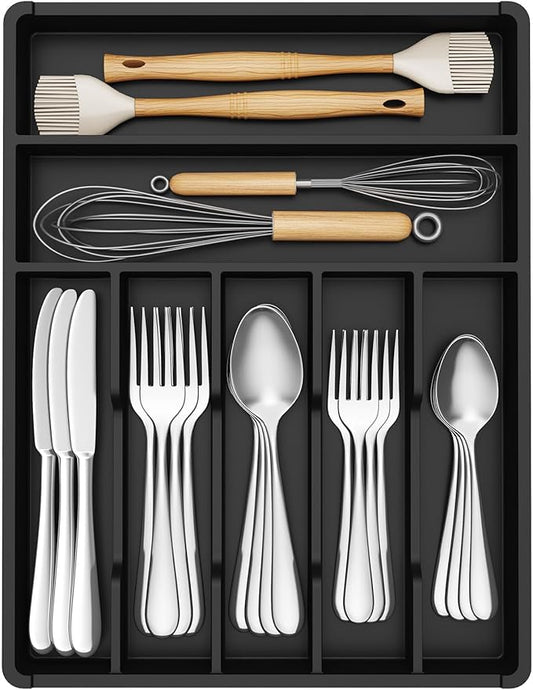 Lifewit Silverware Tray, Deep Wide Cutlery Drawer Organizer Storage for Kitchen, Plastic Flatware Utensil Holder Divider for Spoons Forks Knives Tableware, 7 Compartment, Black