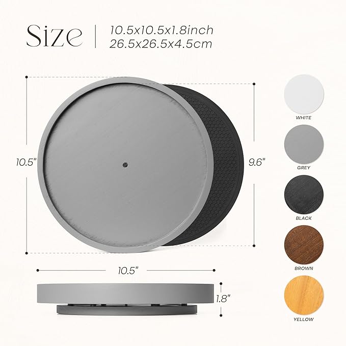 Farmhouse Wood Non-Skid Lazy Susan Organizer Turntable – 10.5" Lazy Susan Turntable for Cabinet, Spice Rack and Bathroom Counter Organizer - Perfect for Home Organization and Storage (Gray)