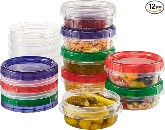 8 ounce Plastic Food Storage Containers with colored Twist Top Lids Reusable Leak Proof Deli Containers for Freezer Storage Meal Prep (12)