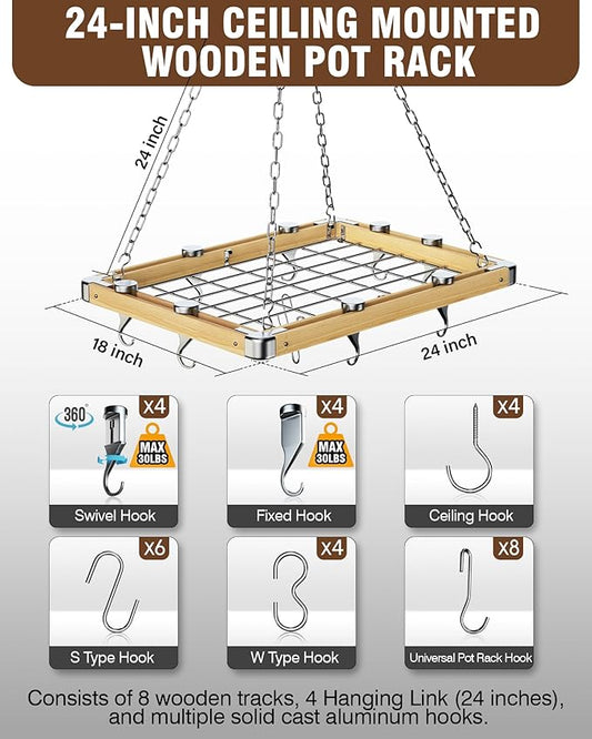 Cooks Standard Ceiling Mounted Wooden Pot Rack, 24-inch by 18-inch, Brown