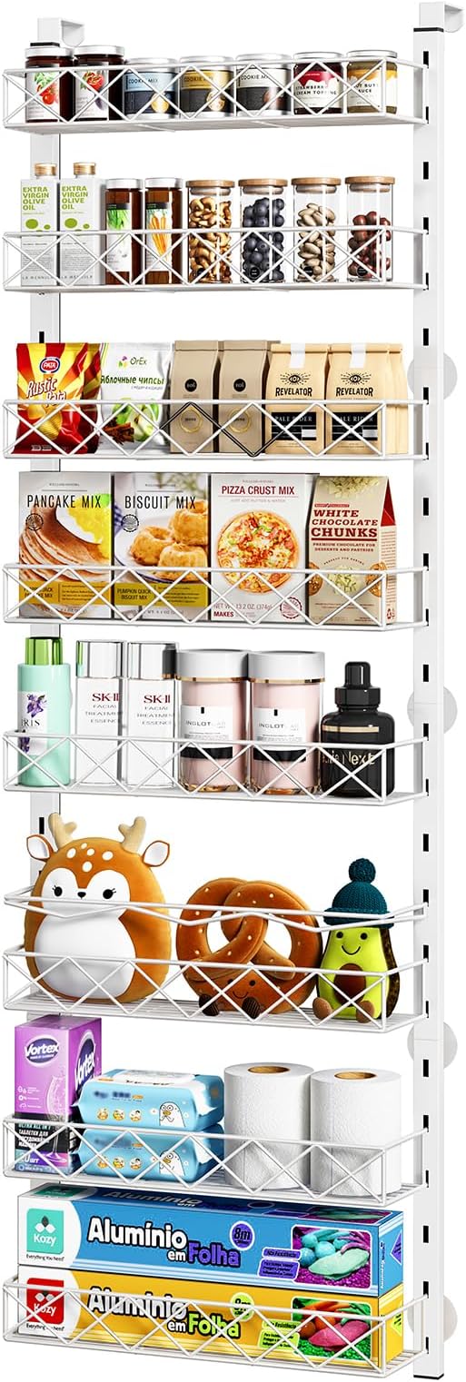 Over the Door Organizer, White 8-Tier Pantry Door Organizer with Adjustable Basket, Hanging Spice Rack Cabinet Door Shelves, Laundry Room Organization and Storage