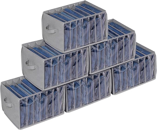 Zilink Upgraded Wardrobe Clothes Organizer with Support Board Clear Jeans Organizer for Closet with 7 Grids Divider Closet Drawer Organizer for Jean Pant Sweater Legging T-Shirt, 6 Pack, Grey