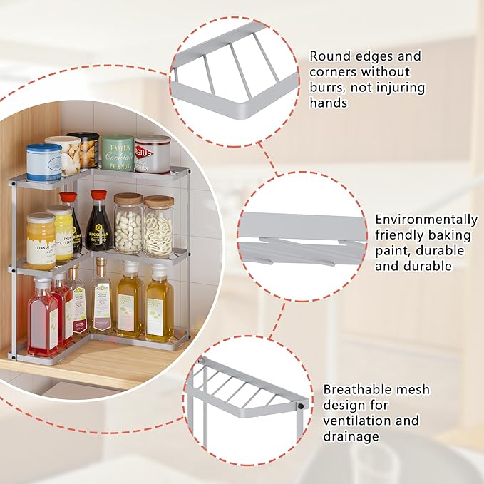 Buzowruil Kitchen L-Shaped Spice Storage Rack Triangle Corner Three-Layer Cabinet Spice Rack,2 Pack (Silver)