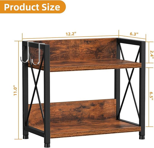 Snughome Kitchen Countertop Organizer,2 Tier Spice Rack Organizer for Countertop,Wood Kitchen Counter Shelf Organizer with Hooks (Rustic Brown,Small)