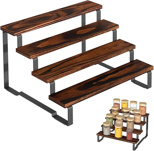 4 Tier Spice Rack Organizer Display Riser Stand, Kitchen Cabinet Countertop Pantry Coffee Bar Display Shelf for Spice, Liquor, Figure (1Pack-4Tier-Rustic Brown)