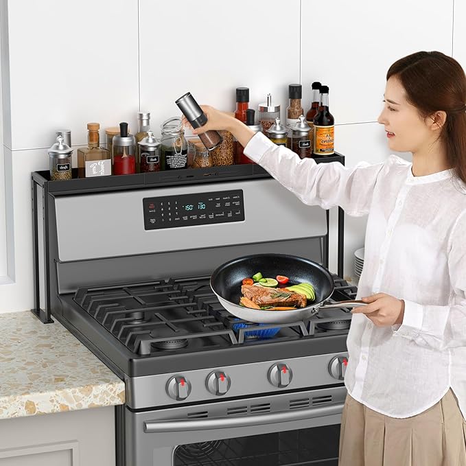 Stove Top Shelf, Kitchen Over Shelf for Stove, Stove Spice Rack for Top, Adjustable 27-33inch, Fits Various Stove Lengths, Kitchen Spice Organizer, Condiments and BBQ Sauces, Black